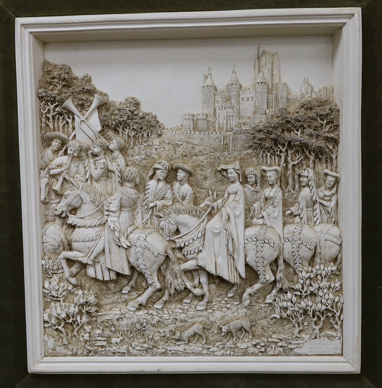 A pair of framed relief plaques